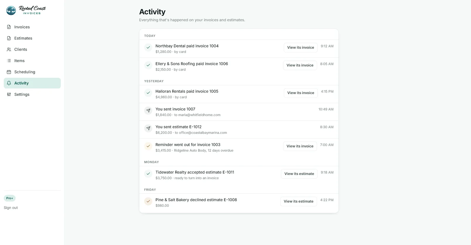 Activity feed: payments, sends, reminders, and accepted estimates